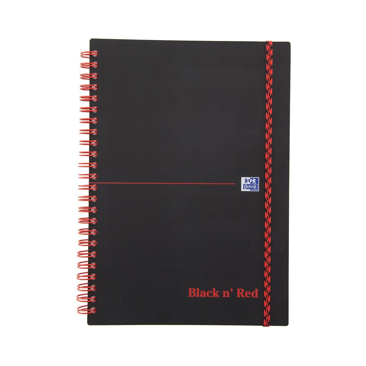 Kollegieblock Oxford Black n' Red med linjerade sidor, svart omslag, A5, 70 blad, 90g papper, spiralbindning i rött och gult