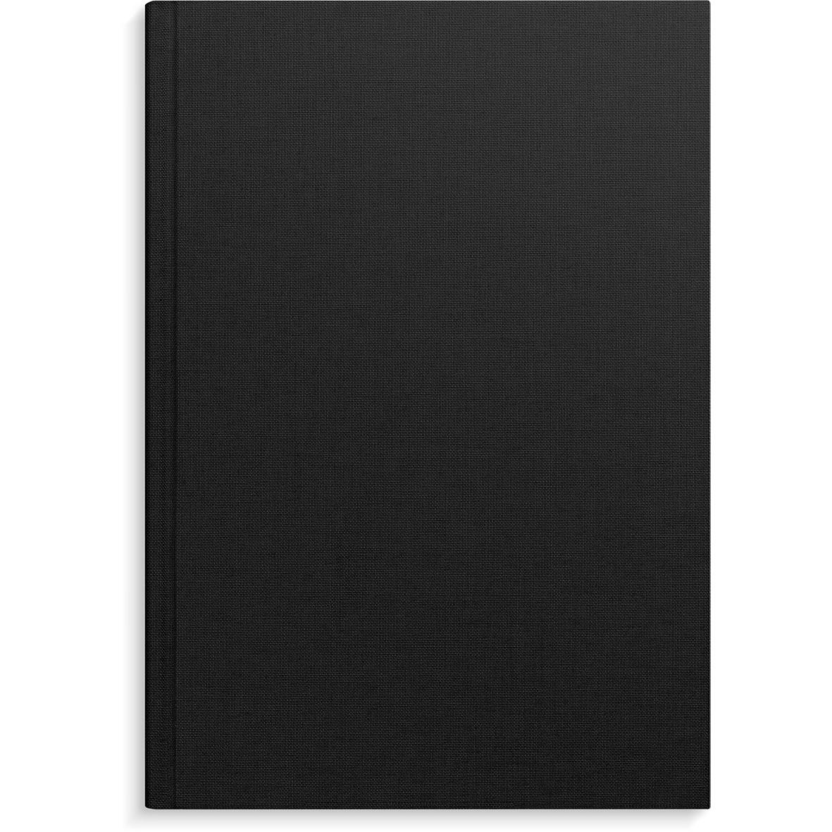 Svart bok med slät yta och utan synliga titlar eller bilder