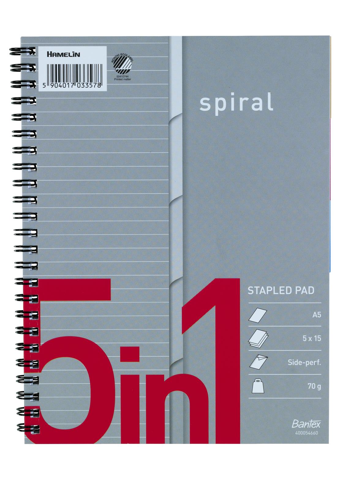 A5 spiralblock med 70g linjerat papper, Bantex 5-flik, spiralbindning och spiral på vänster sida