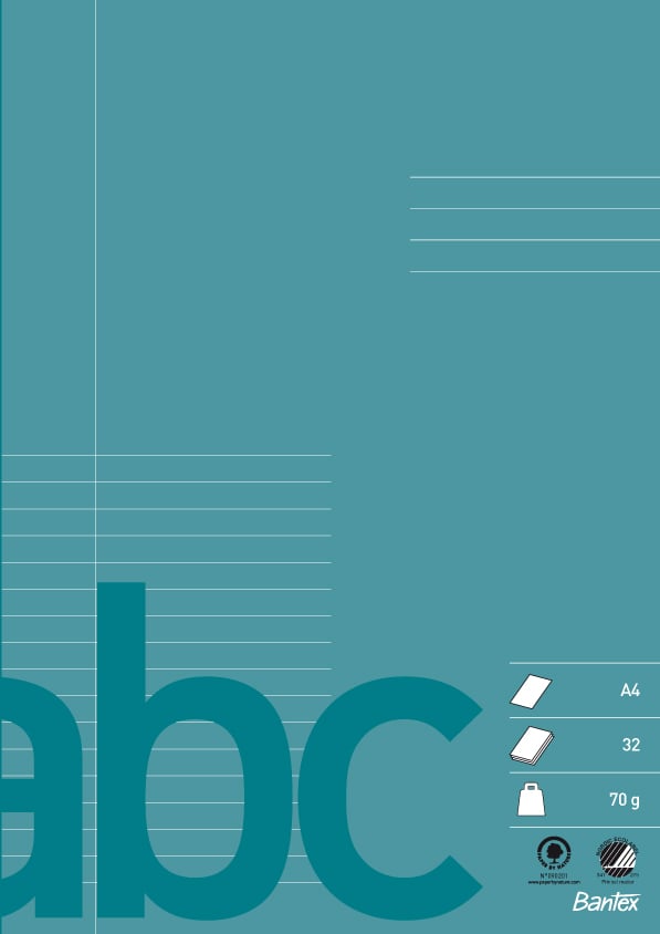 Skrivhäfte med linjerad och blanka sidor, A4, 32 blad, petrolfärgad omslag, 70g papper