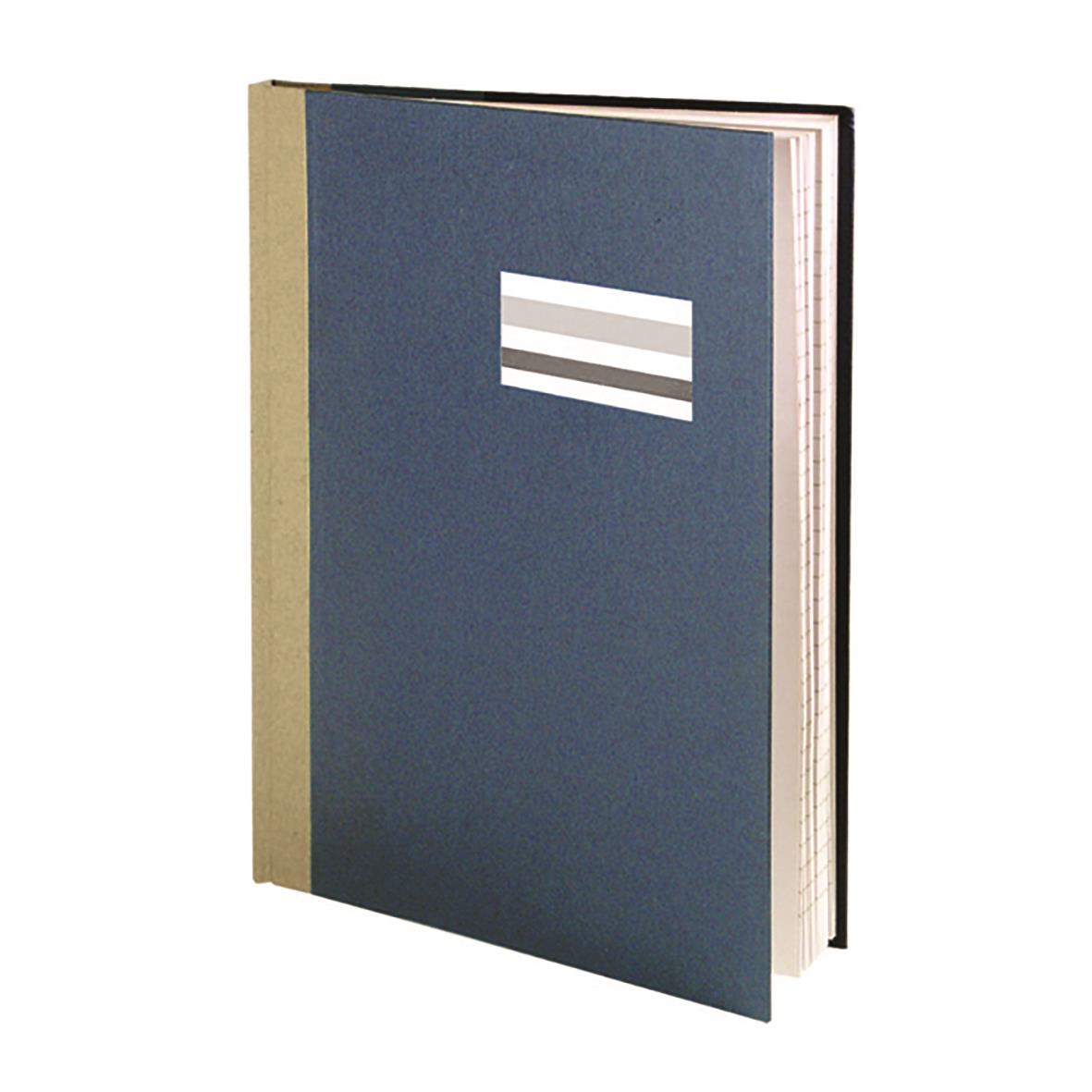 Blå skrivbok med 96 sidor, A5 storlek, 70g papper, med beige rygg och vit linje på framsidan