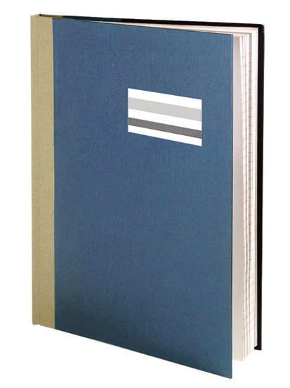 Blå skrivbok med 96 sidor, A5 storlek, 70g papper, med beige rygg och vit linje på framsidan