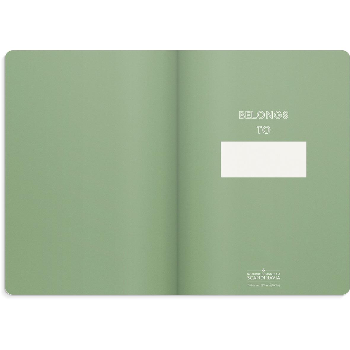Grön anteckningsbok Burde Deluxe A5 med blank sida och plats för namn