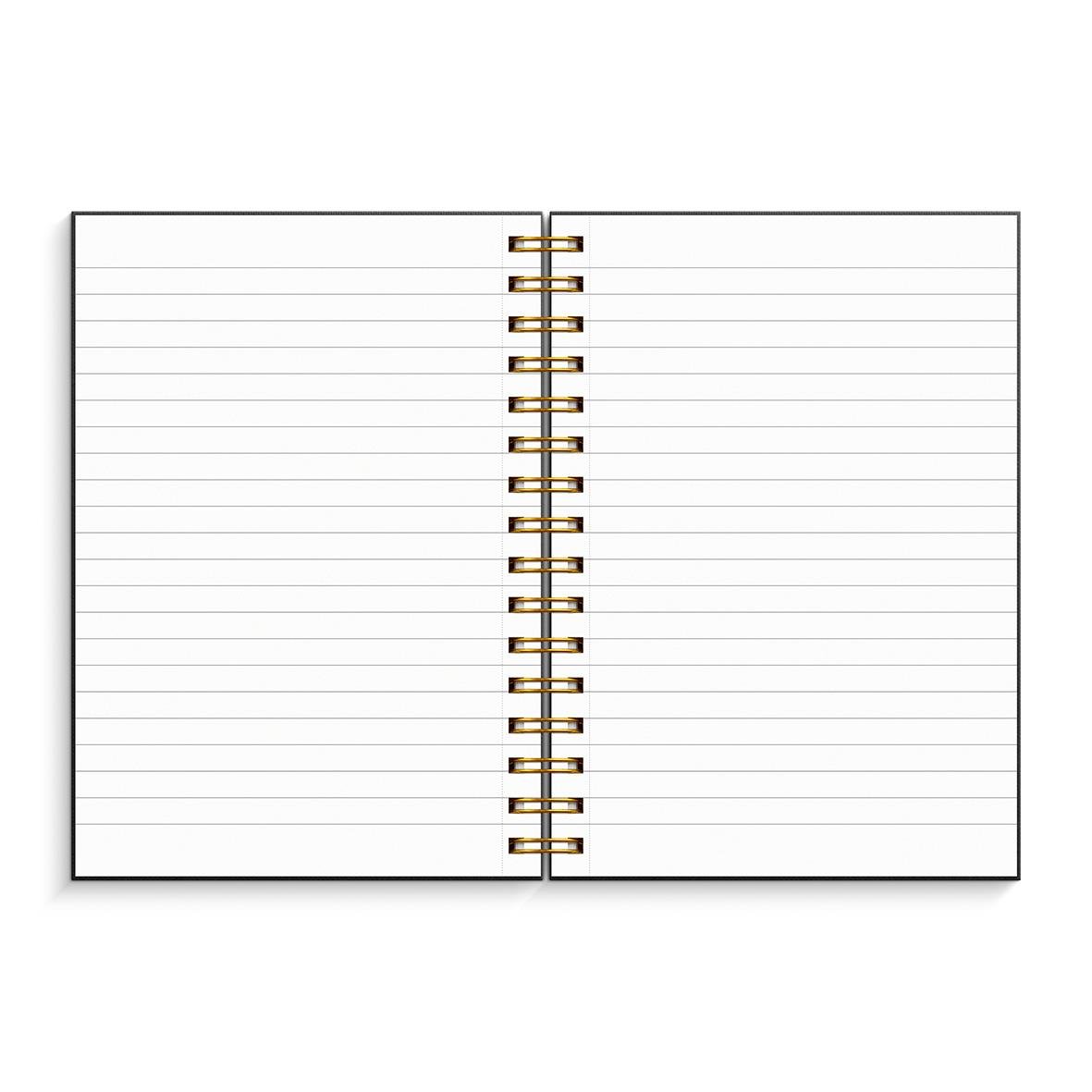 Svart spiralbunden anteckningsbok med linjerad A5-papper öppen