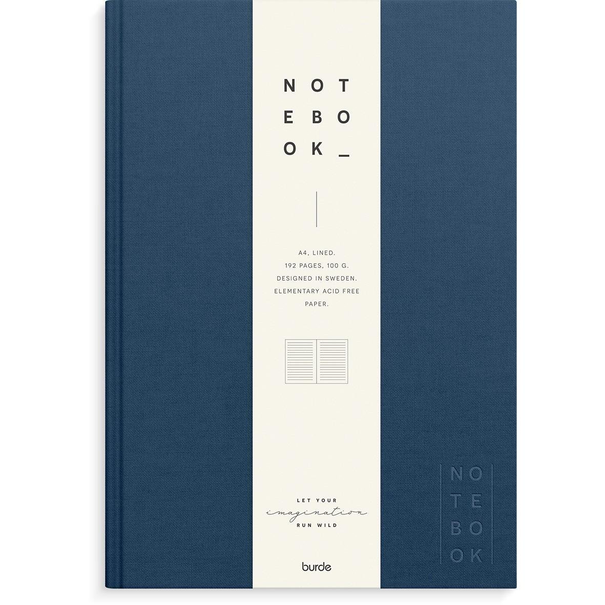 Blå linjerad anteckningsbok från Burde Linnetextil i A4-format