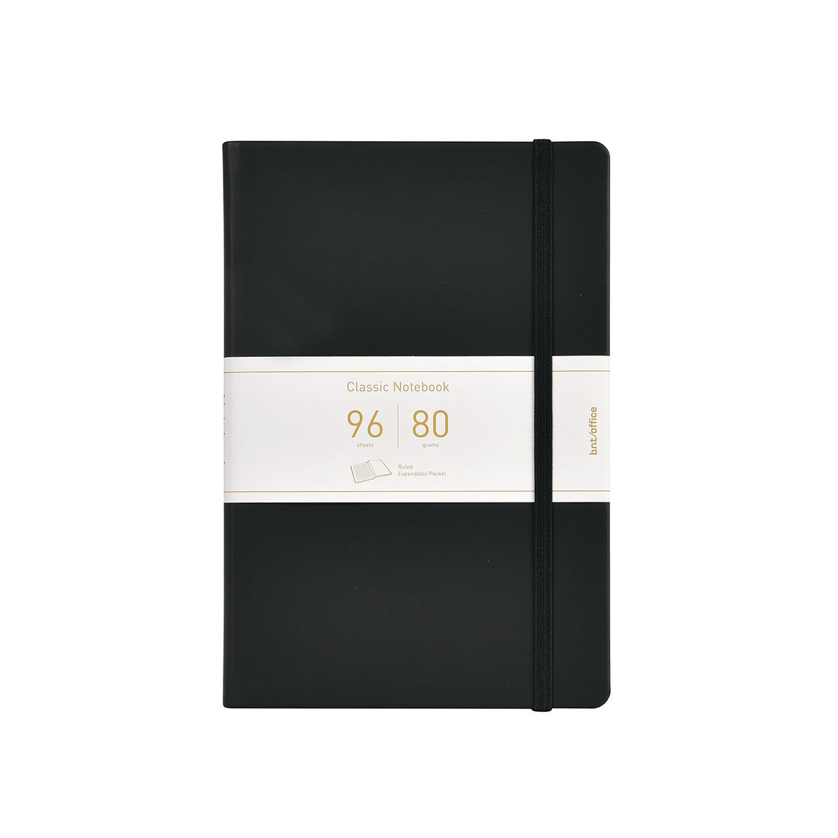 Svart linjerad anteckningsbok i A5-format med elastisk band