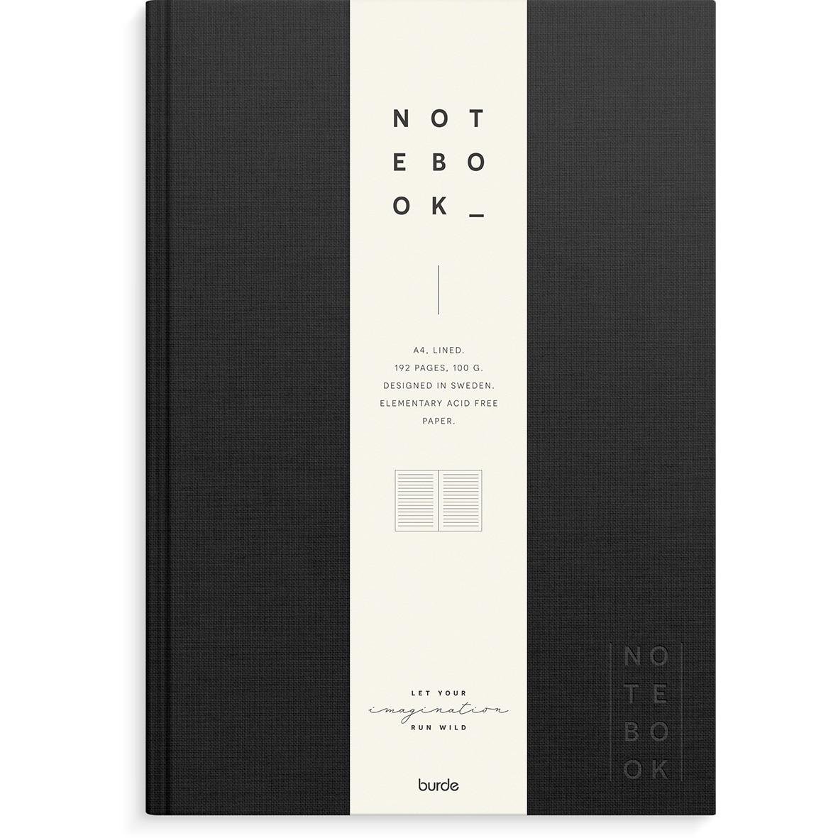 Svart linjerad anteckningsbok i A4-format från Burde Linnetextil