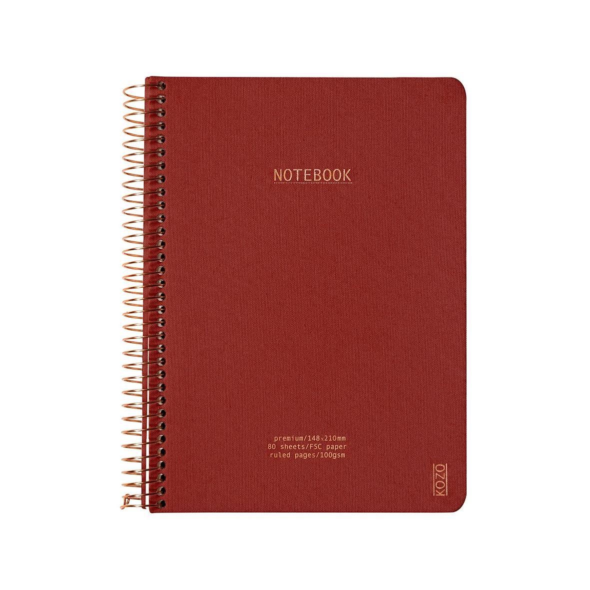 Röd anteckningsbok Kozo Premium Linjerad Bric A5 med spiralrygg och guldtext