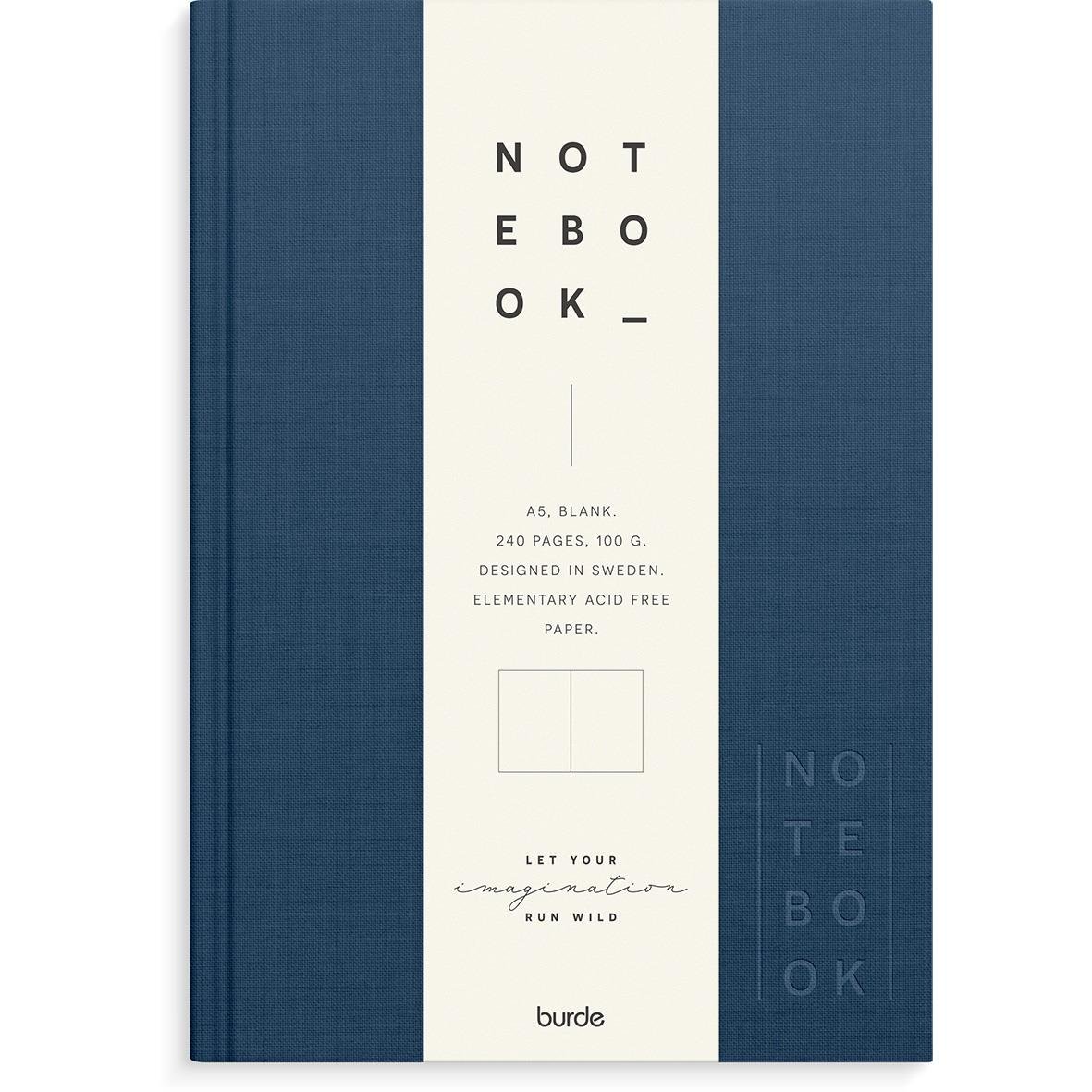 Blå anteckningsbok i A5 format med linjerat papper och omslag från Burde Linnetextil