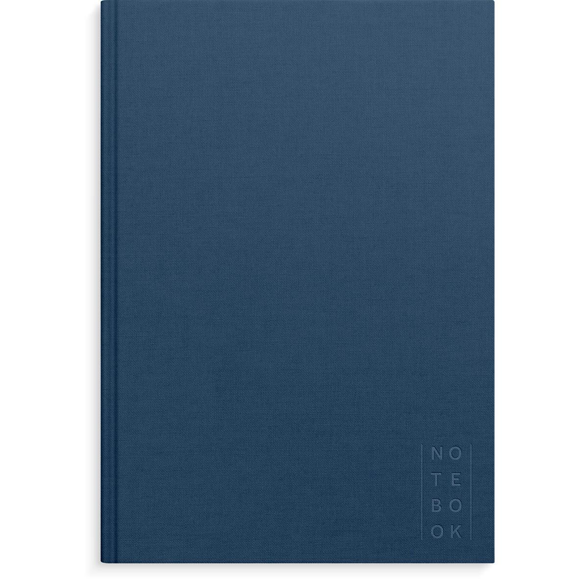 Blå anteckningsbok med linjerad sida och texten Anteckningsbok på framsidan, A4-storlek