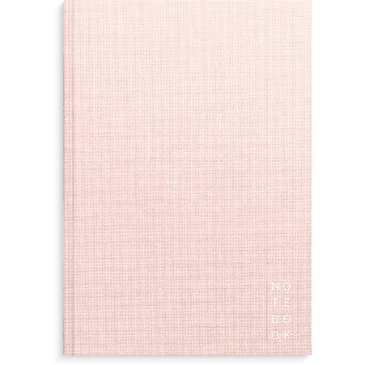 Rosa anteckningsbok med linjerad sida och texten Notebook på framsidan