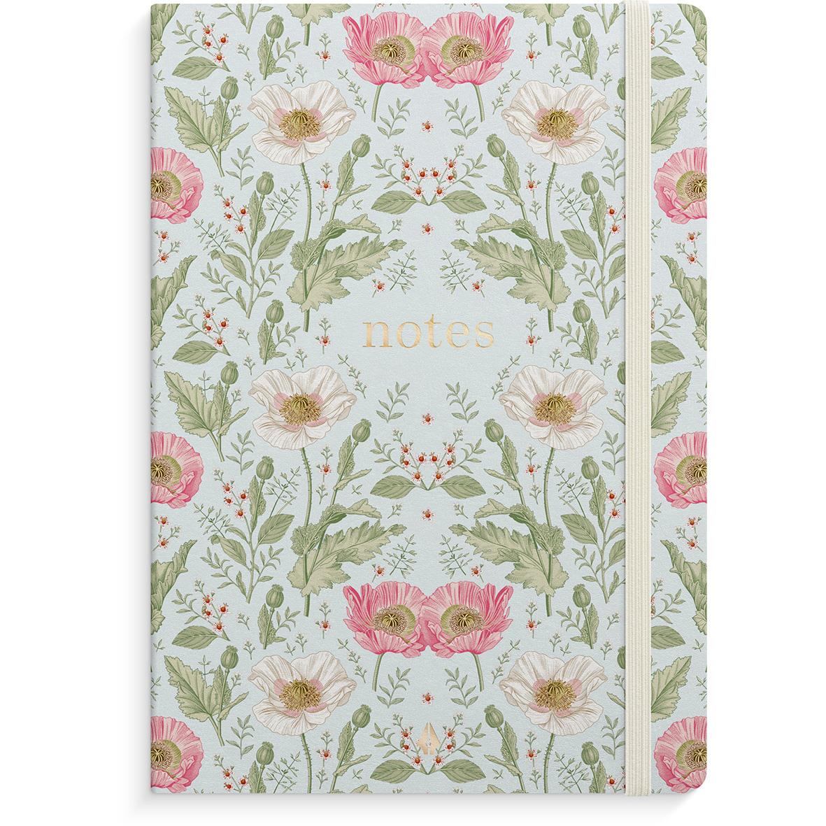 Blommig anteckningsbok med linjerad sida och blå omslag i A5-storlek