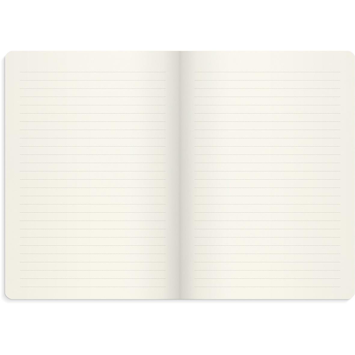 Öppen anteckningsbok med linjerade sidor, blå omslag, A5 storlek, dekorativa blommor på omslaget