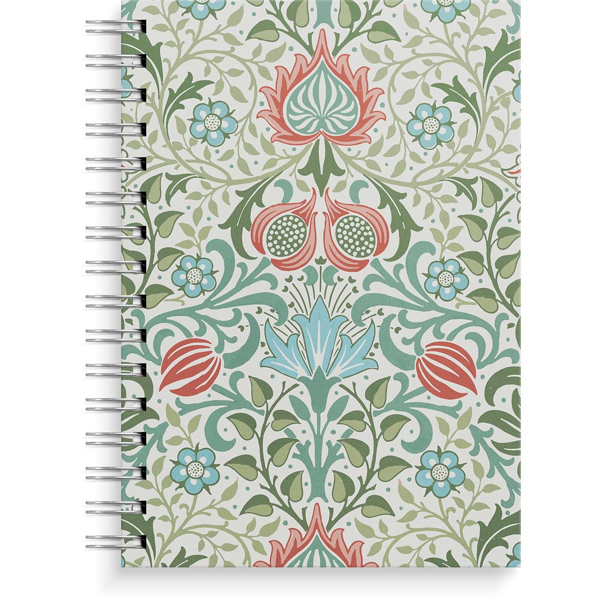 Blommig anteckningsbok med spiralbindning, linjerad, blå och grön design, A5