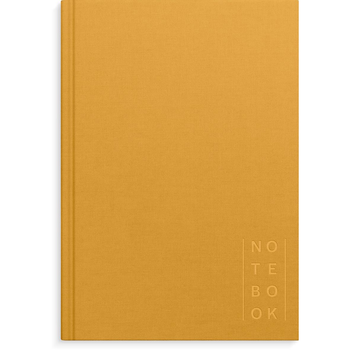 Senapsgul linjerad anteckningsbok i A5-format med text på framsidan