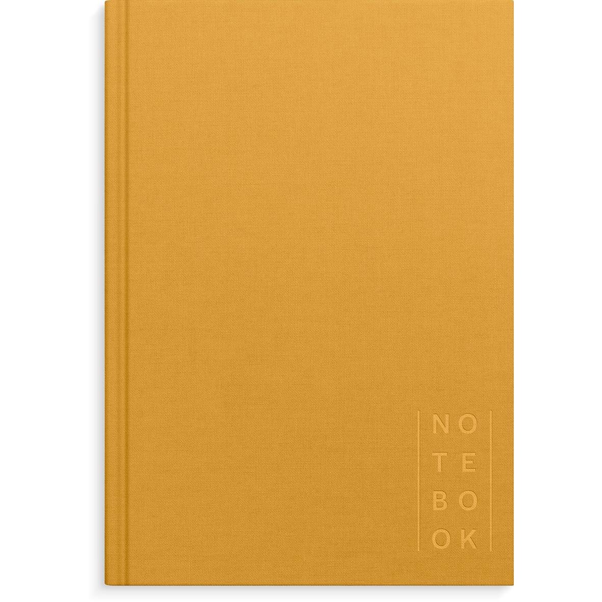 Senapsgul linjerad anteckningsbok i A5-format med text på framsidan