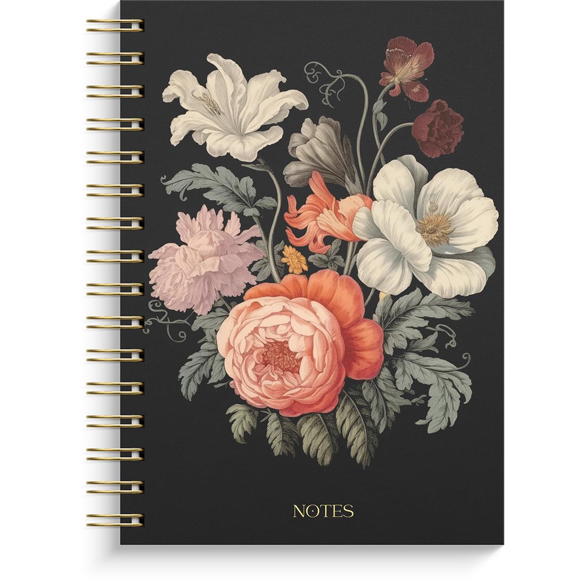 Svart anteckningsbok med blomsterillustration och guldtext NOTES, A5 storlek, linjerad