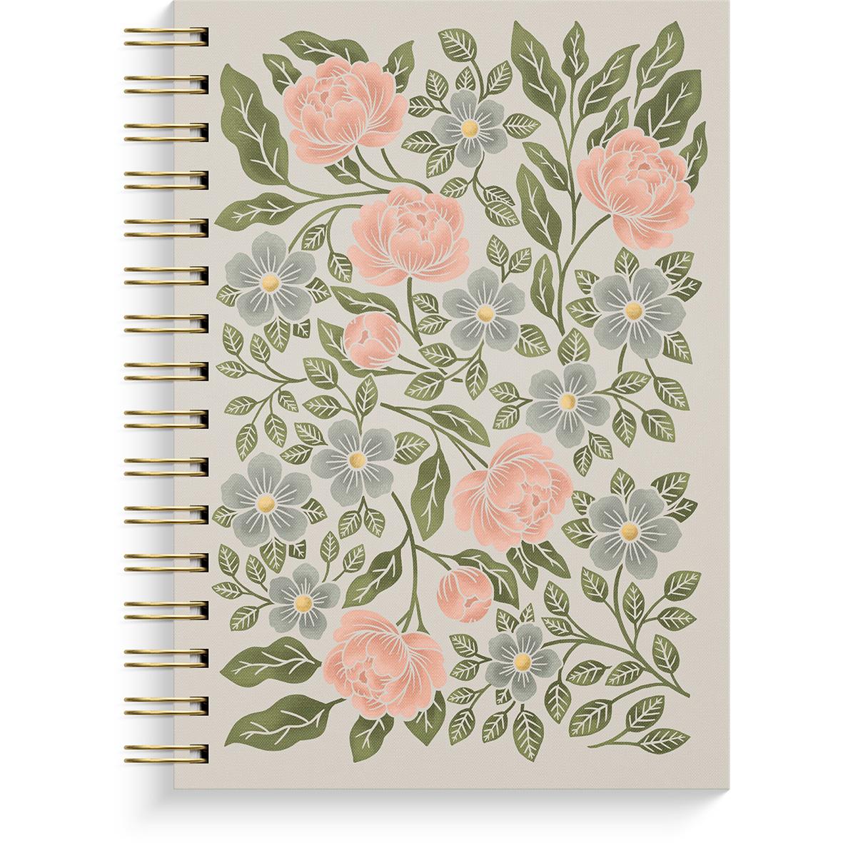 Anteckningsbok med blommönster i rosa och grått, linjerad A5, spiralbindning