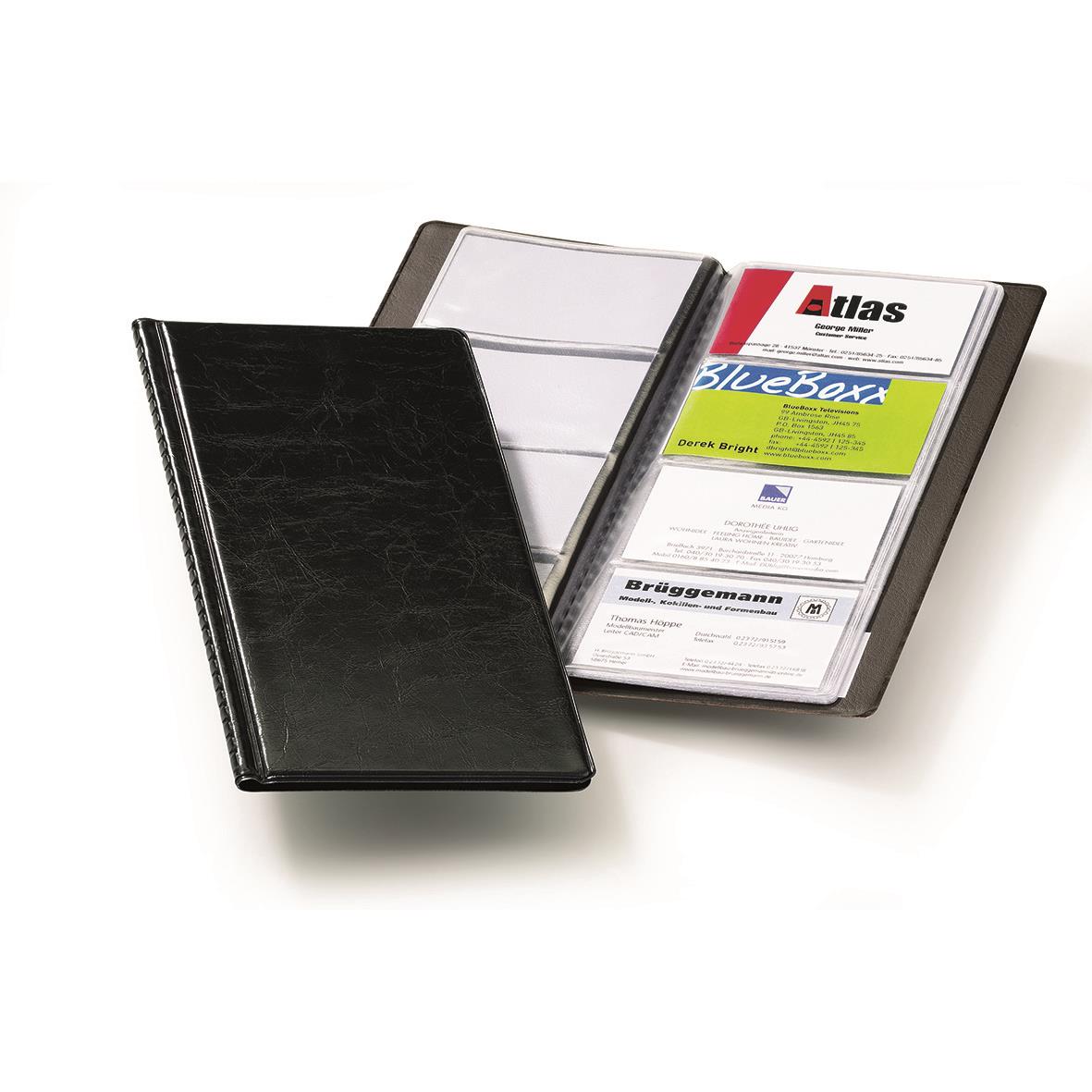 Svart visitkortsbok med 96 platser, mått 253x115mm, hållbar och praktisk för förvaring av visitkort