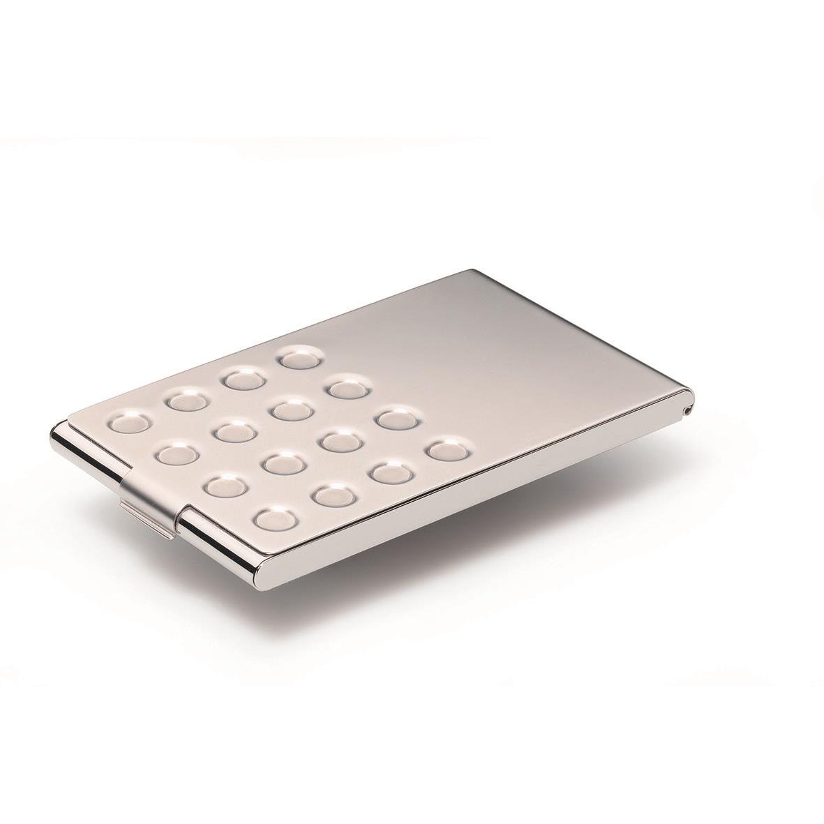 Elegant metallisk visitkortshållare med rundade knappar på framsidan