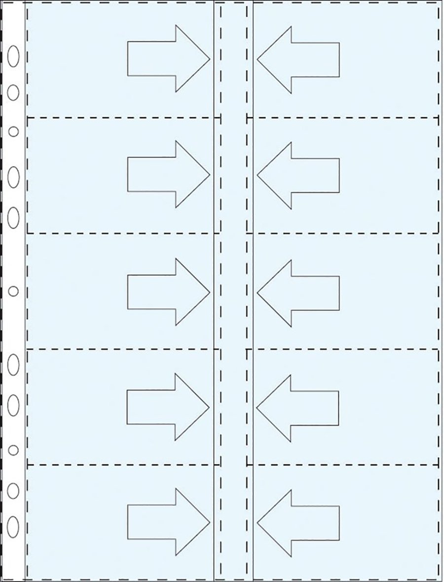 Visitkortsficka för 20 kort på A4, visar layout med pilar och skåror för att fästa korten