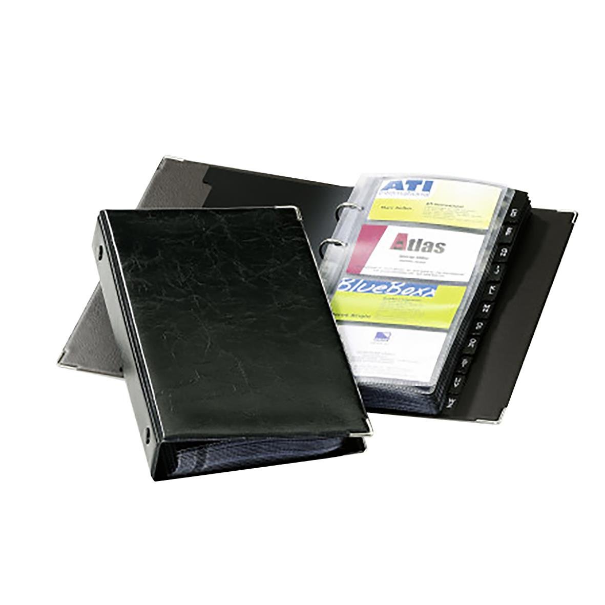 Svart visitkortspärm i plast med plats för kort, mått 255x145 mm