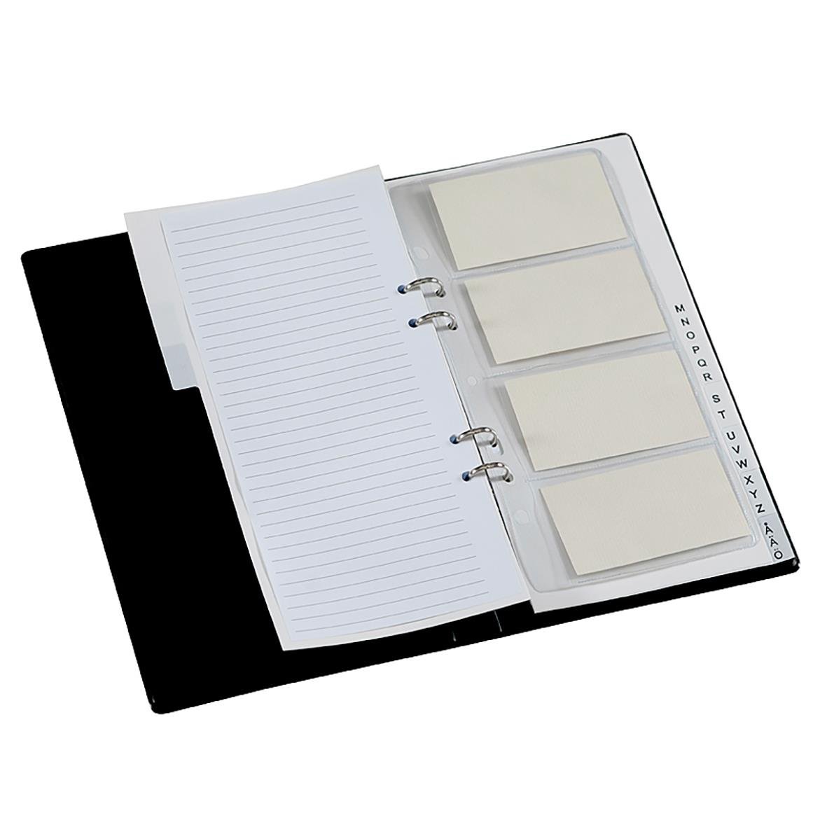 Svart visitkortspärm för 160 kort, 275x155mm, med plats för anteckningar och kort