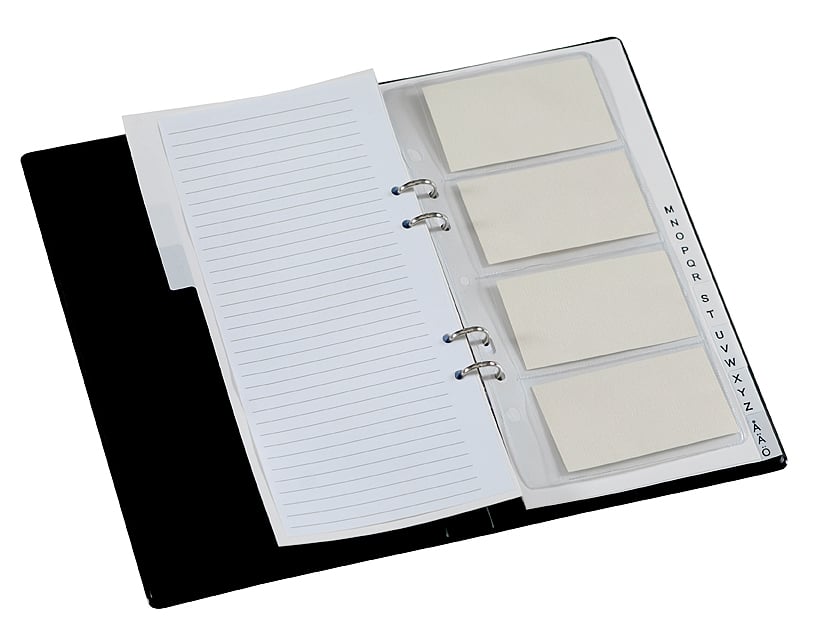 Svart visitkortspärm för 160 kort, 275x155mm, med plats för anteckningar och kort