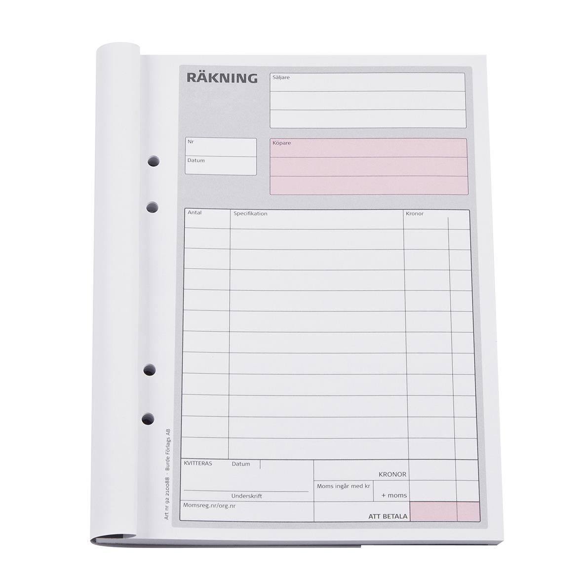 Räkningarblock med 50 ospecificerade sidor, A5-format, med kopia