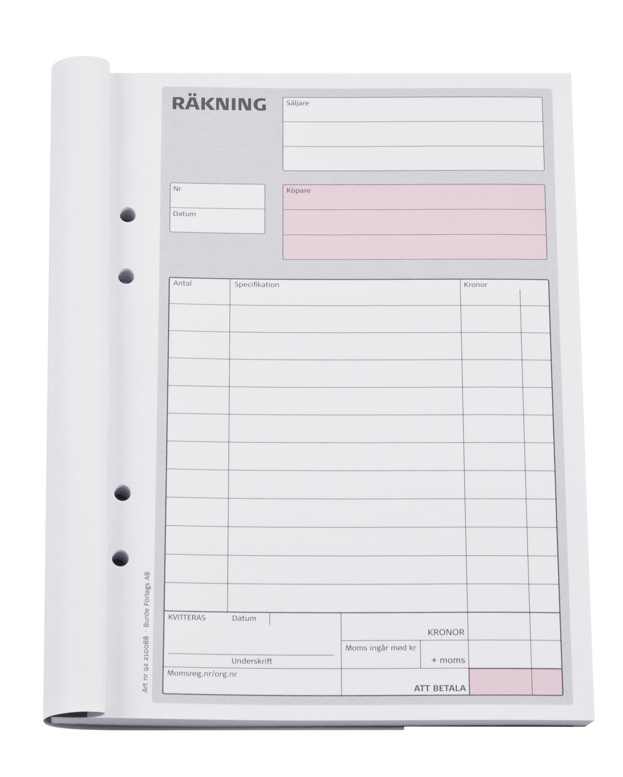 Räkningarblock med 50 ospecificerade sidor, A5-format, med kopia