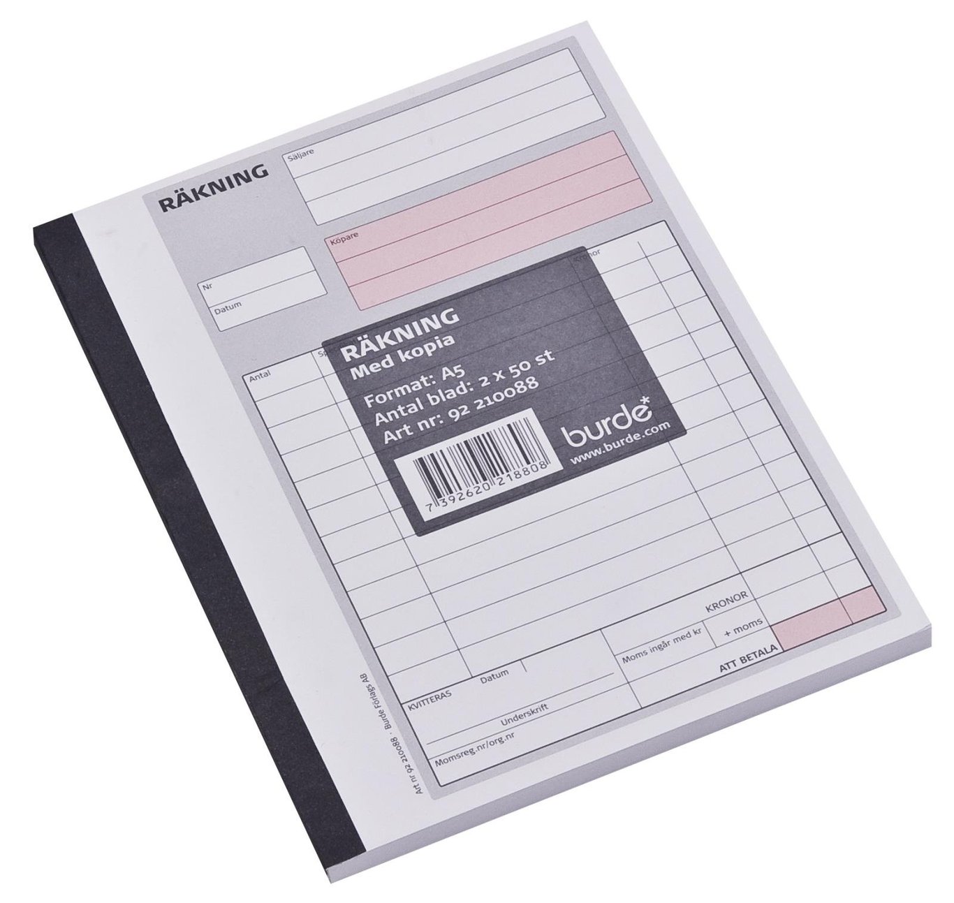 Onummererat räkningsblock med 50 sidor i A5-format, kopierad, med svart rygg och streckad layout