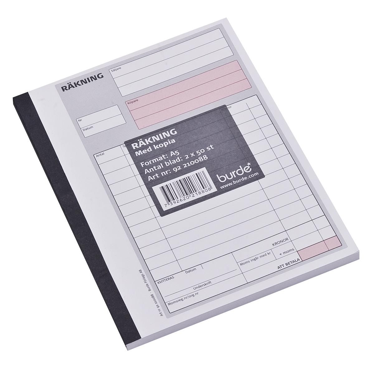 Onummererat räkningsblock med 50 sidor i A5-format, kopierad, med svart rygg och streckad layout