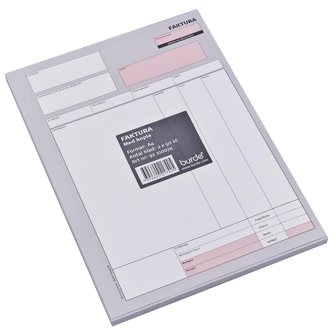 Fakturarablock med 50 numrerade sidor och kopieringspapper i A4-storlek