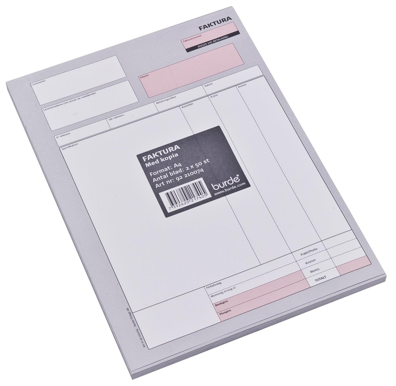 Fakturarablock med 50 numrerade sidor och kopieringspapper i A4-storlek