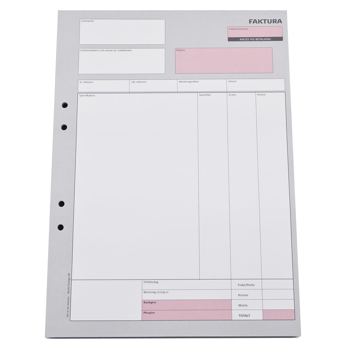 Fakturarubrik på fakturablock med 50 sidor, obelagd, A4-format