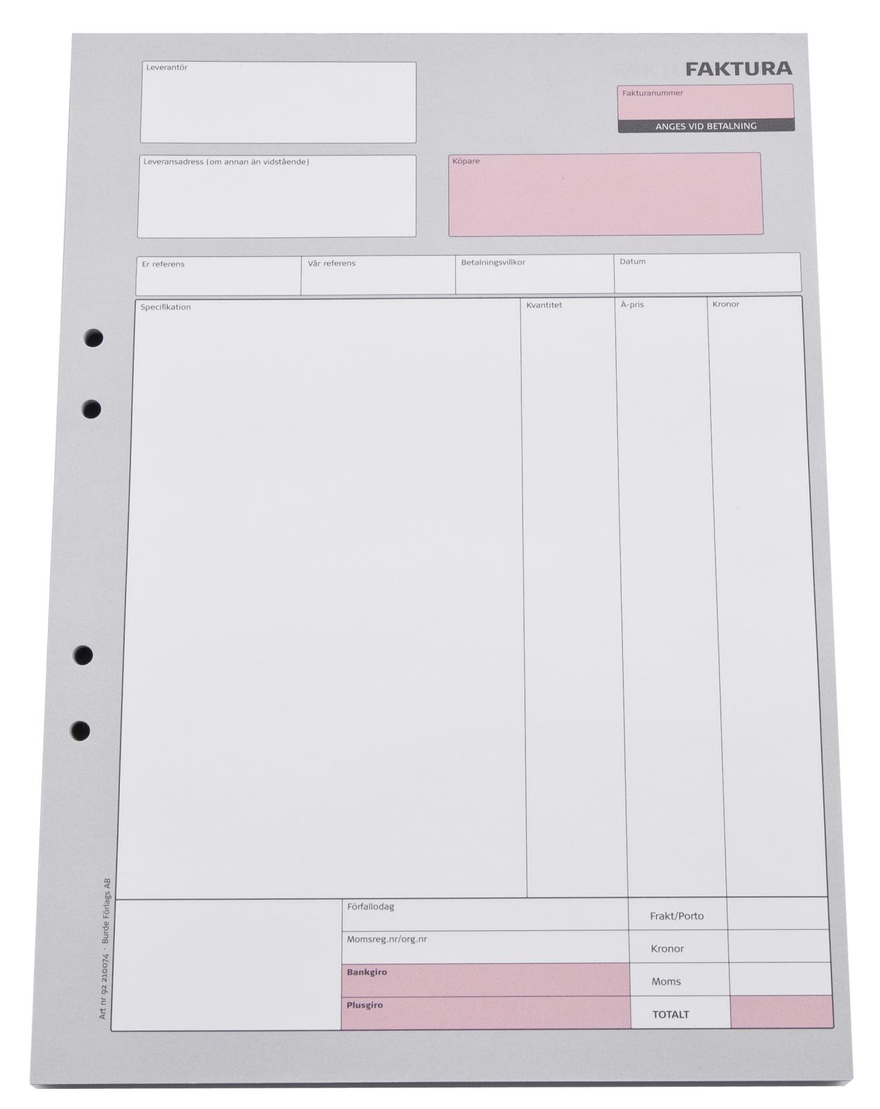 Fakturarubrik på fakturablock med 50 sidor, obelagd, A4-format