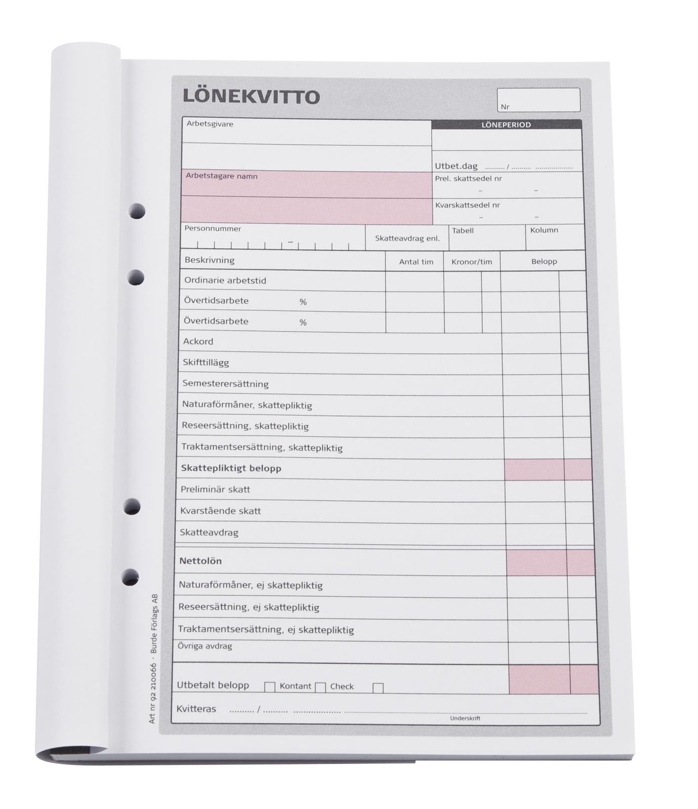 Avlöningskvitto med 50 sidor, kopierad i A5-format