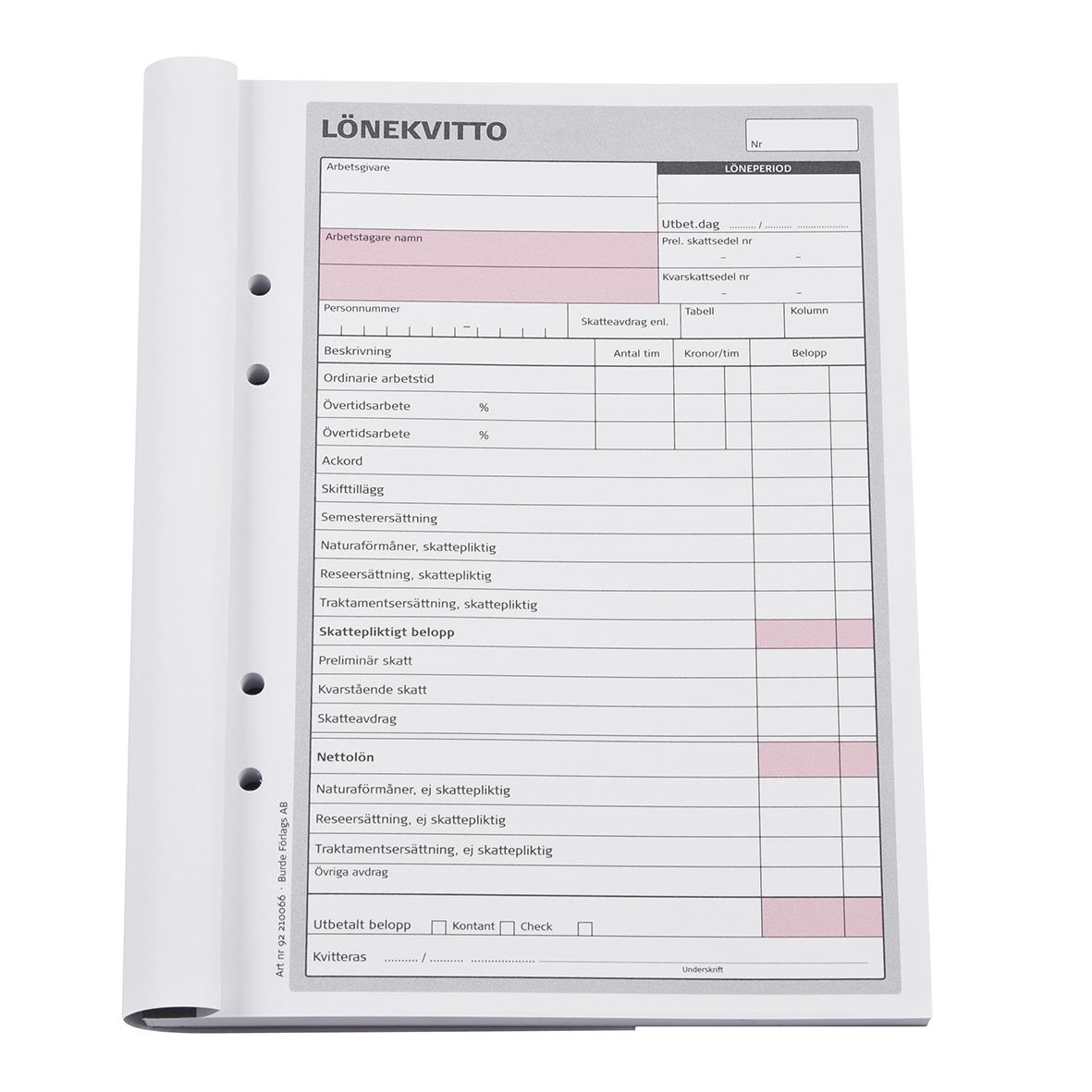 Avlöningskvitto med 50 sidor, kopierad i A5-format