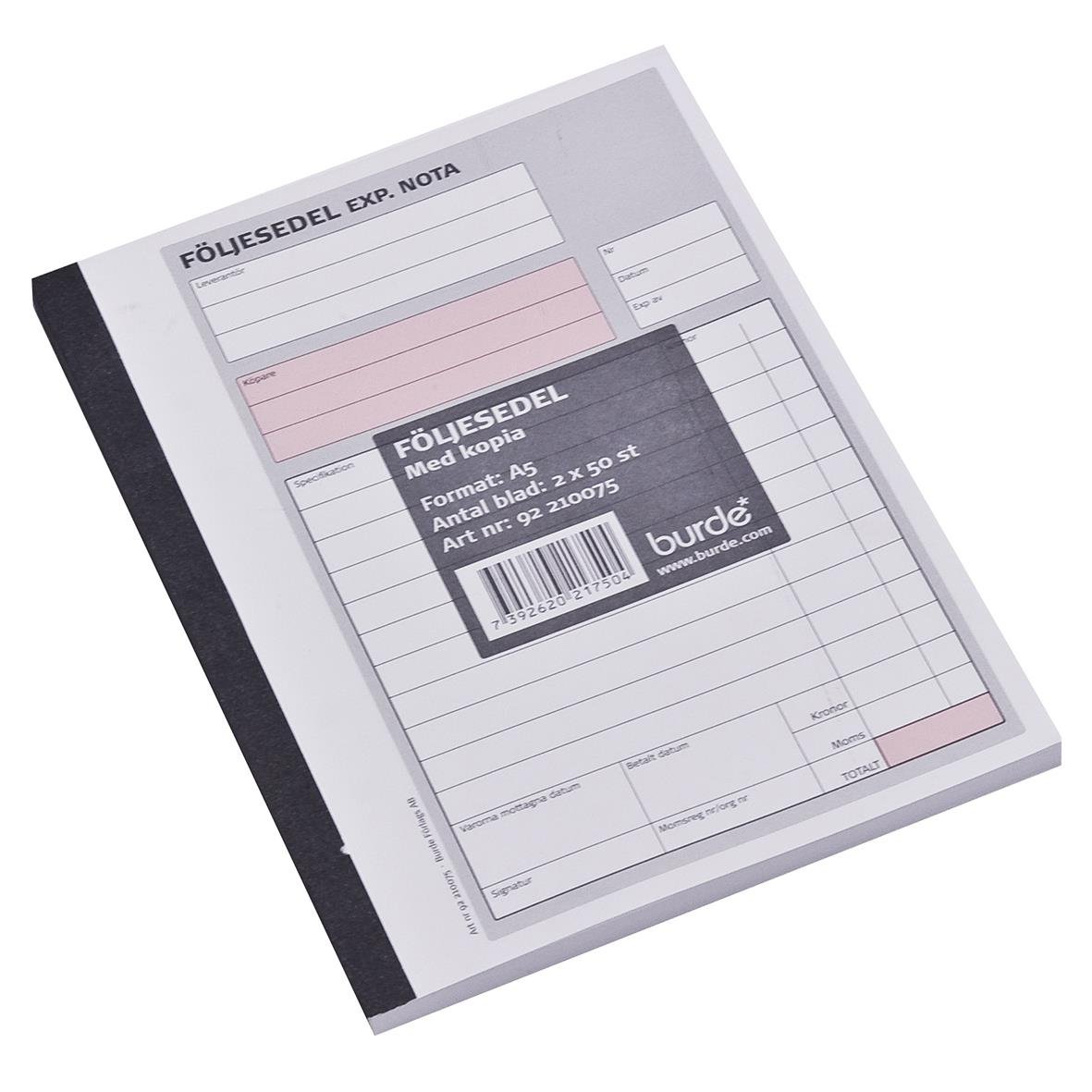 Följesedel med 50 sidor, kopior i A5-format, spiralbindning