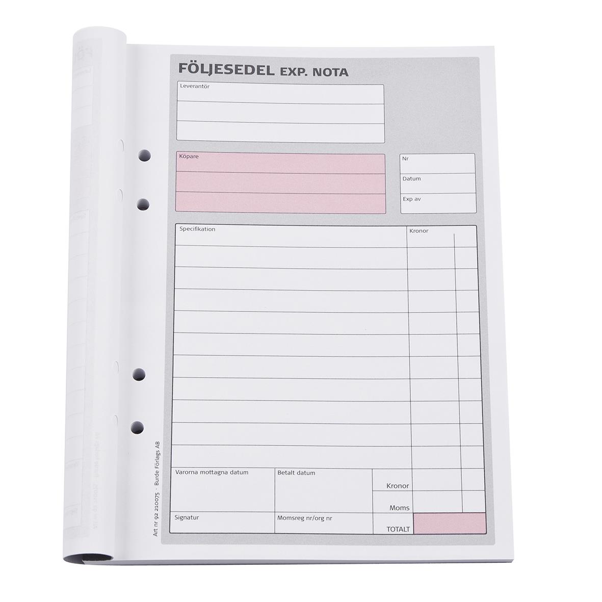 Följesedel med 50 sidor, kopierad A5, obnumrerad, blankett för leverans och mottagning