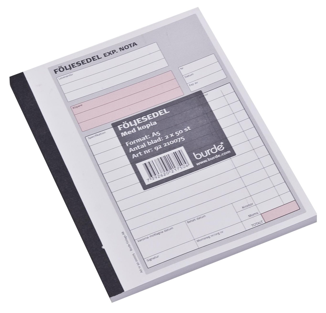 Följesedel med 50 sidor i A5-format, kopierad, med svart rygg och streckad kod