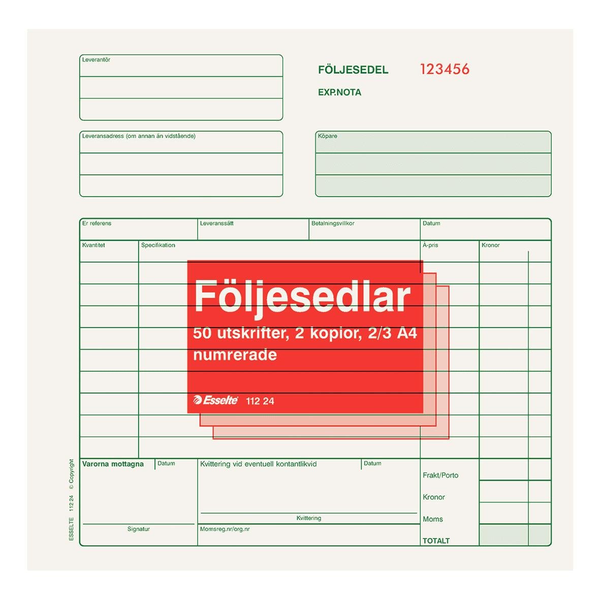 Följesedlar med 50 utskrifter, 2 kopior, numrerade 1-50, A4-format