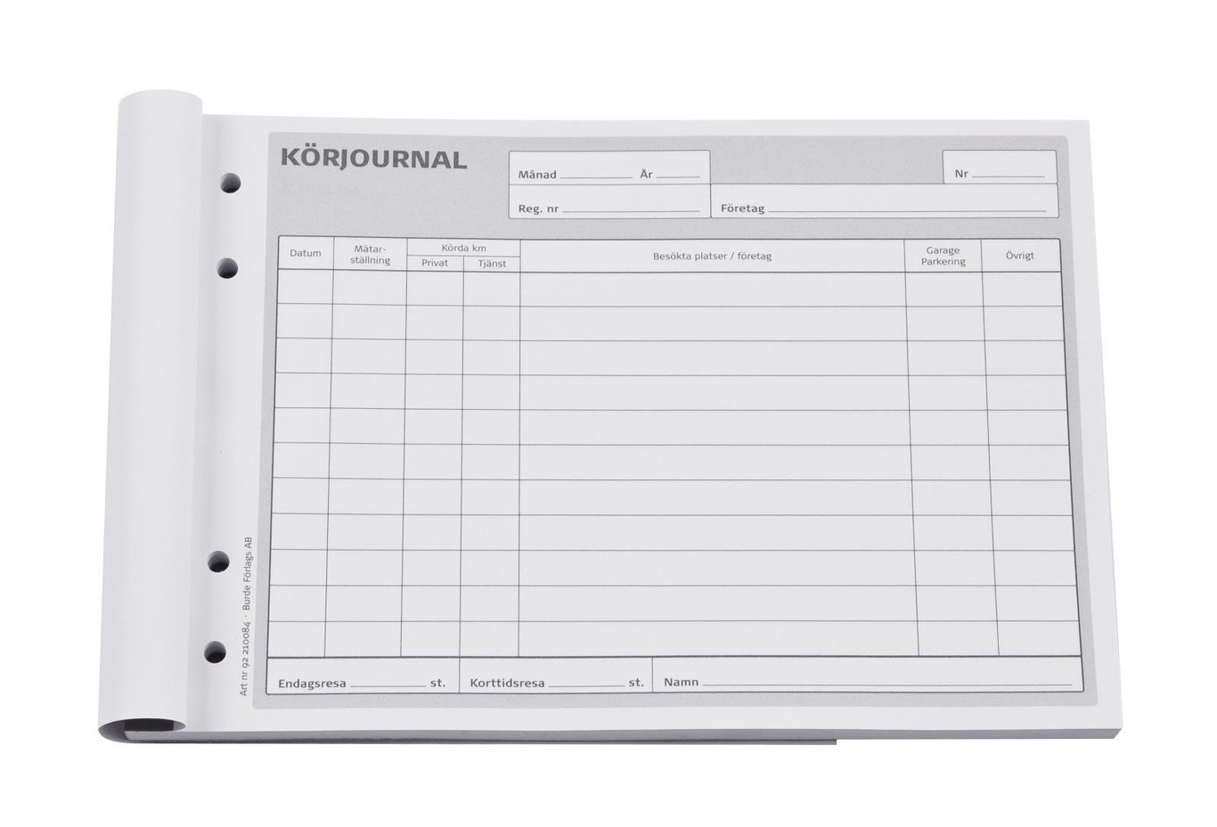 Körjournal med 50 sidor och kopieringspapper i A5-storlek