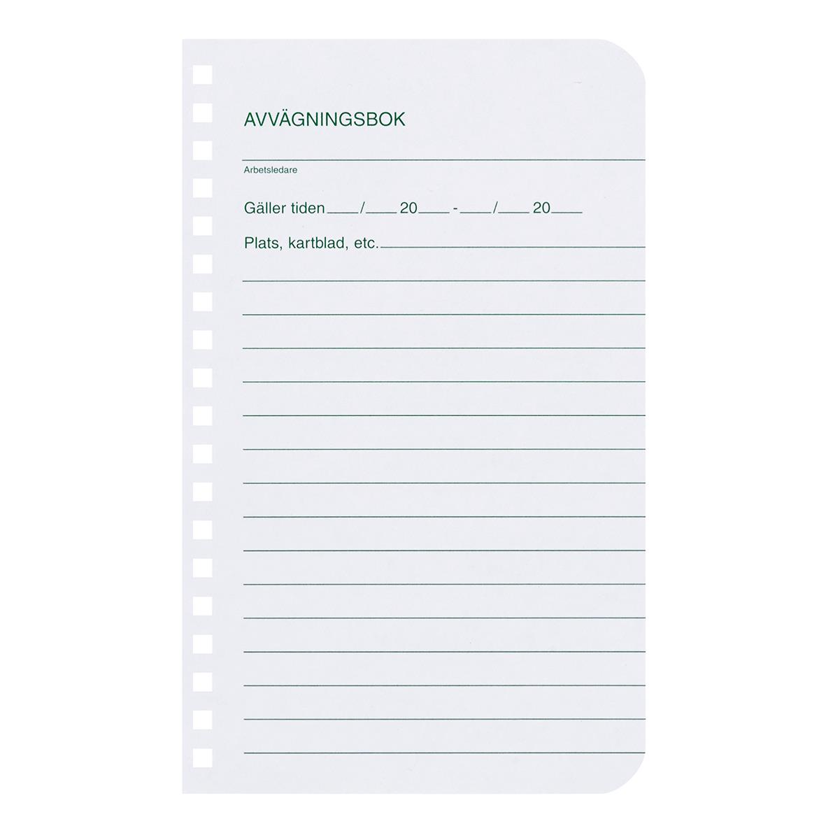 Grön avvägningsbok med 64 sidor, mått 105x170 mm, för anteckningar och avvägningar