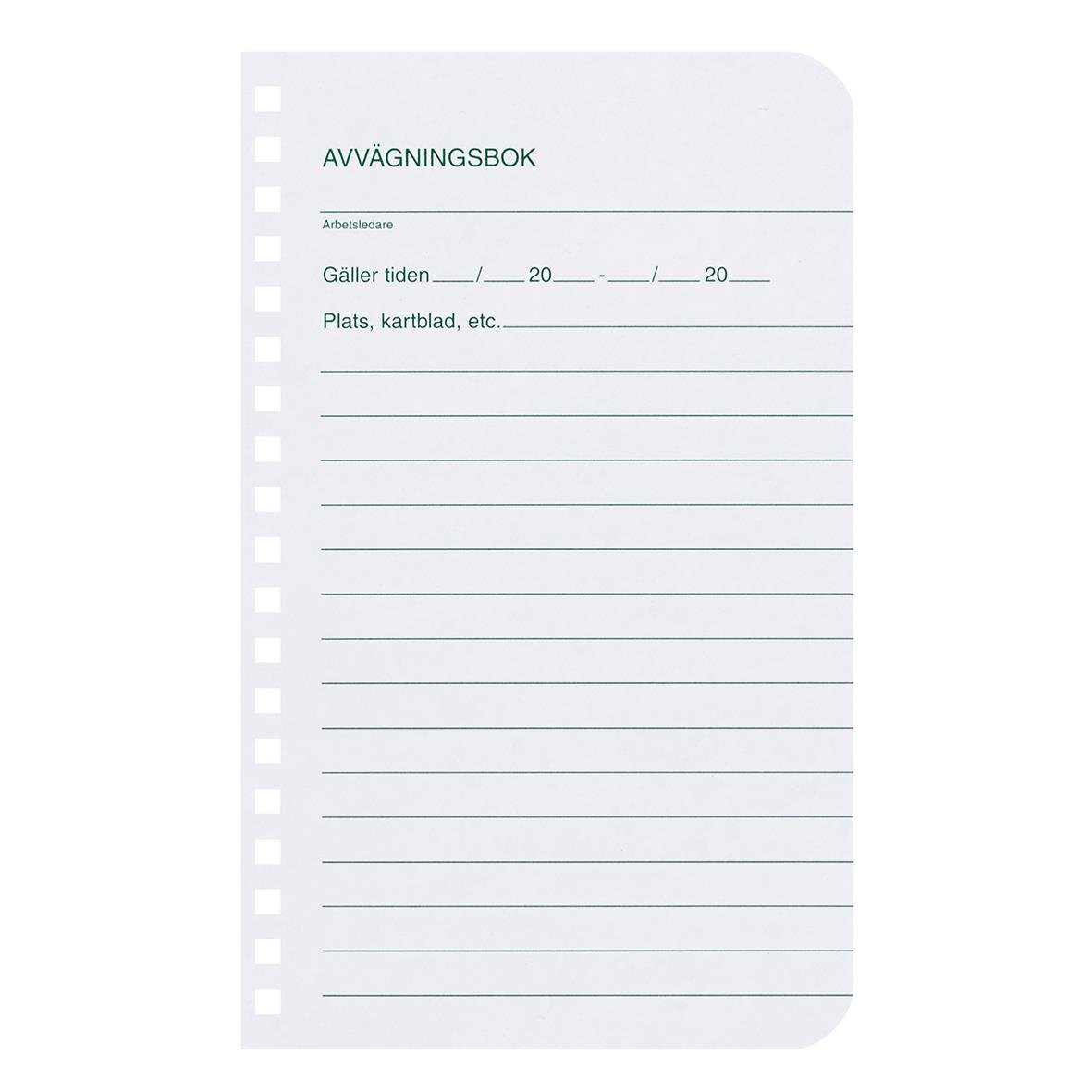 Grön avvägningsbok med 64 sidor, mått 105x170 mm, för anteckningar och avvägningar