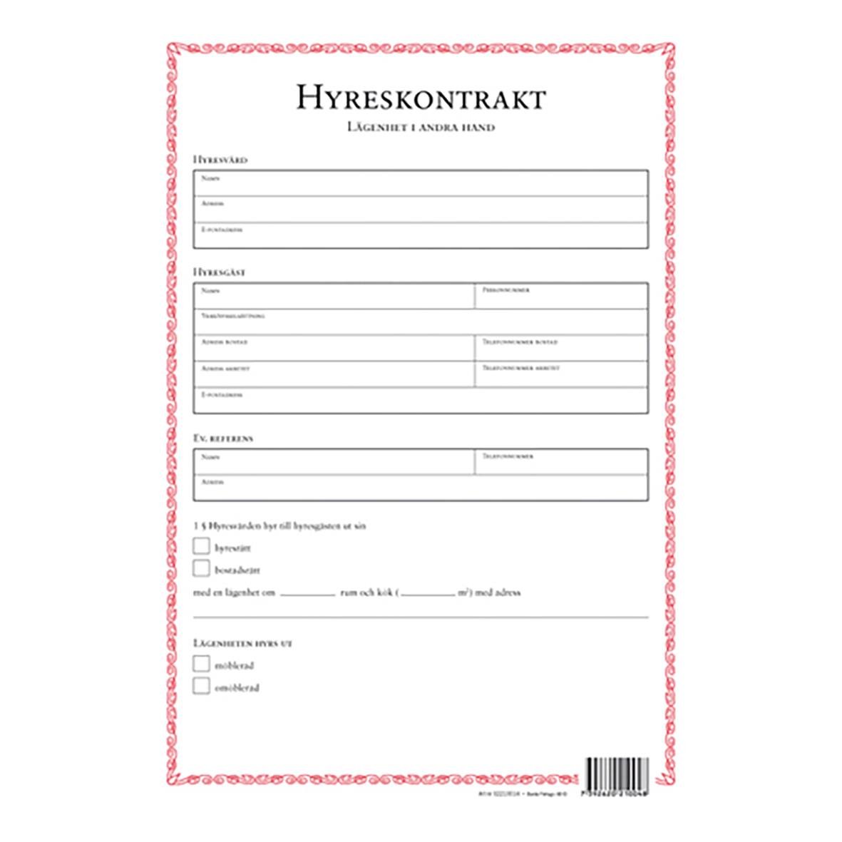 Hyreskontrakt för lägenhet i andra hand med kopia A4, blankett för hyresavtal