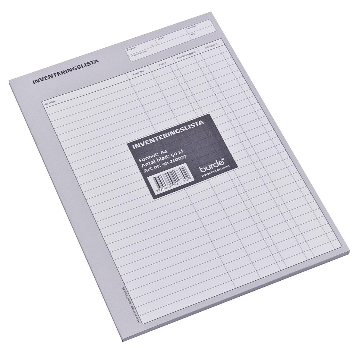 Inventeringslista med 50 ospecificerade sidor A4, obestämd numrering