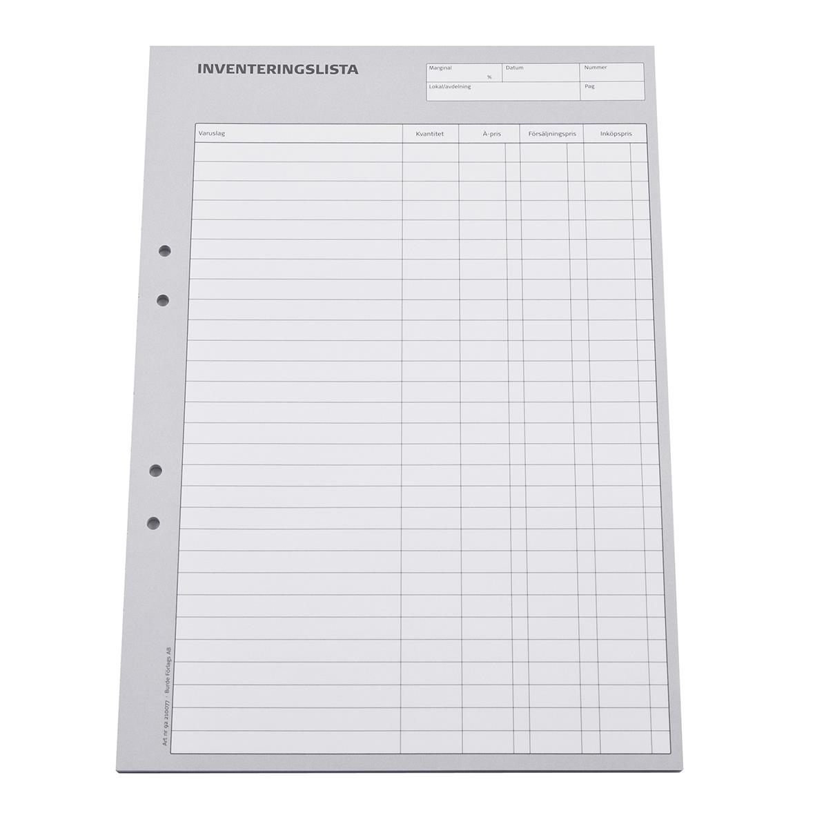 Onummererad inventeringslista med 50 sidor A4, blank och tom för att fyllas i