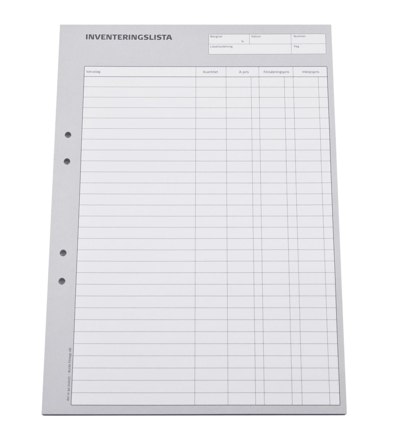 Onummererad inventeringslista med 50 sidor A4, blank och tom för att fyllas i