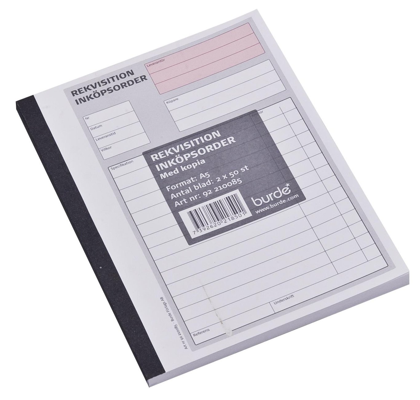 Rekvisitionsblock med 50 sidor, A5, obumererad, kopierad, svart rygg